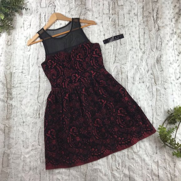 [Trixxi] Velvet Lace Print Mesh Flocked Skater Dress Size M Medium - Picture 10 of 10